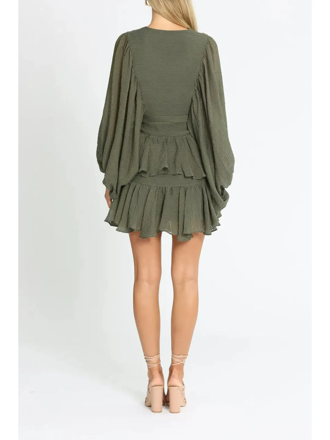Shona Joy Puff Sleeve Mini Dress in Khaki Size AU 12 for rent on The Volte - main image