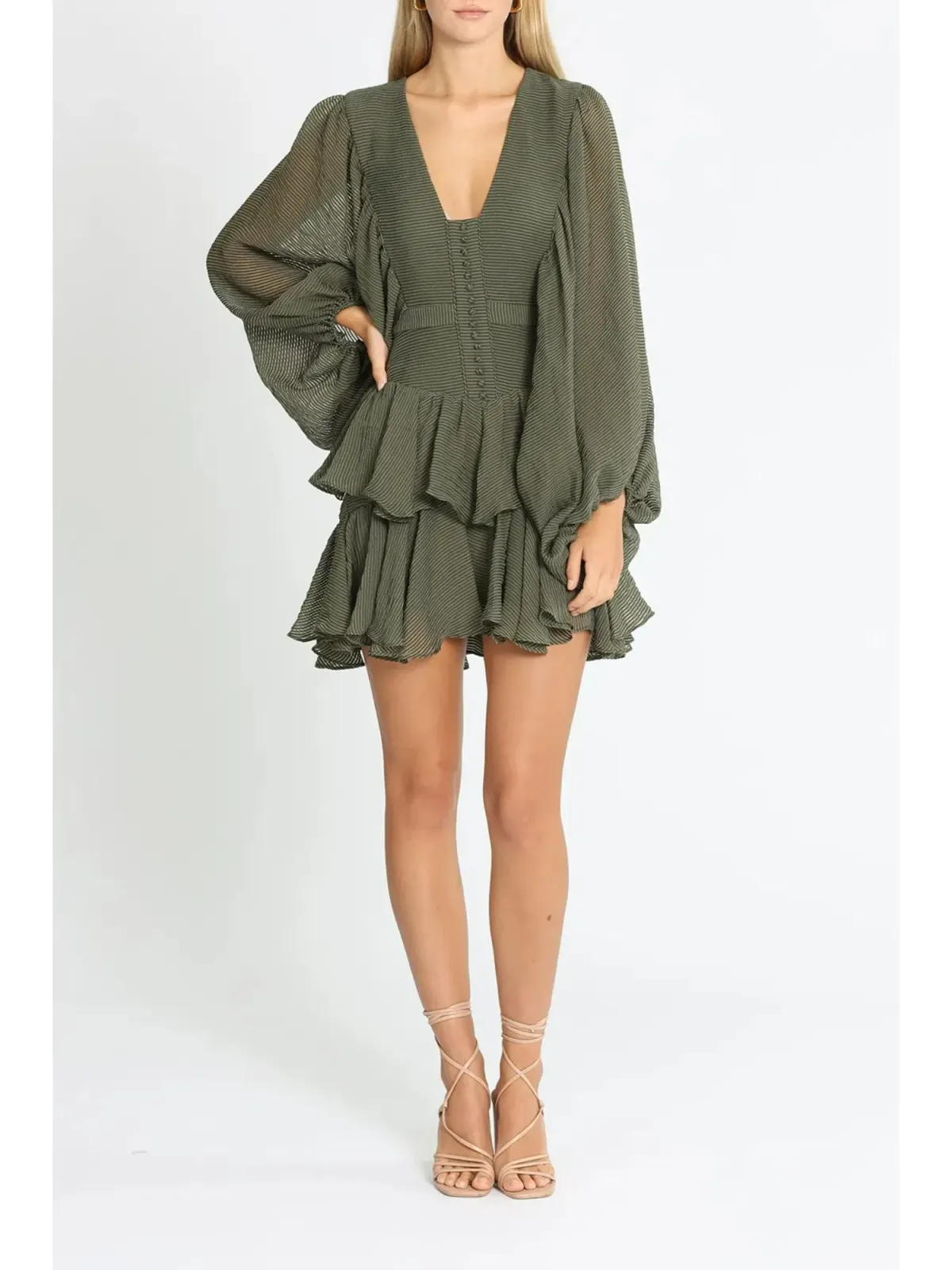 Shona Joy Puff Sleeve Mini Dress in Khaki Size AU 12 for rent on The Volte - main image