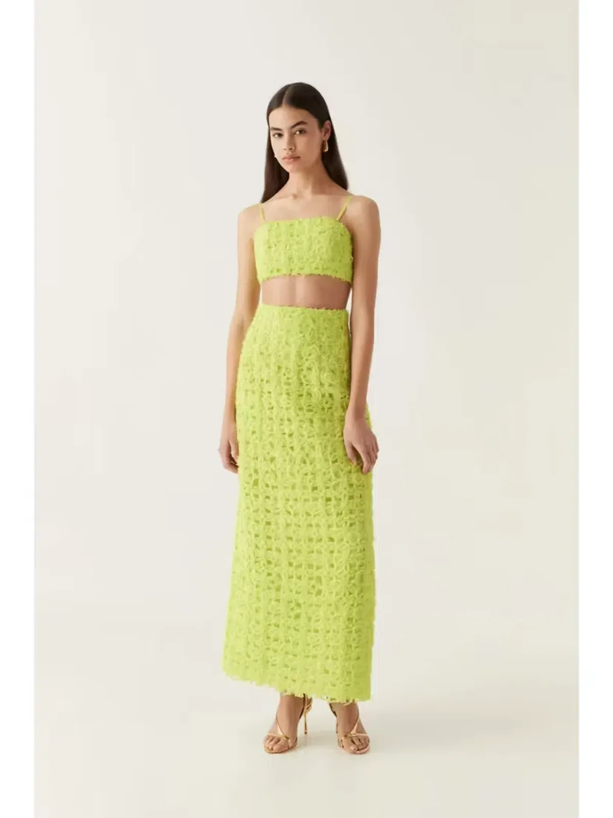 Aje Quintette Textured Bralette and Midi Skirt in Light Lime Green Size 8 for rent on The Volte - main image