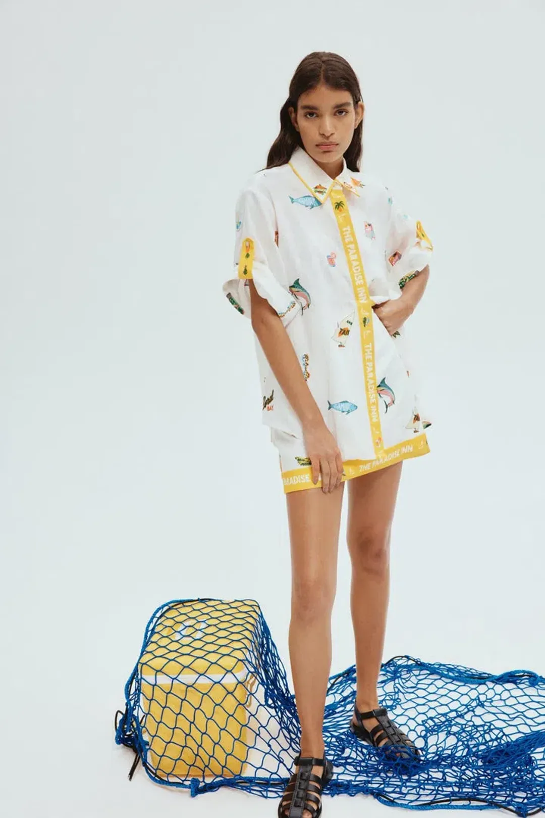 Alemais Blue Marlin Embroidered Shirt and Skirt Set in Cream Size 8 for rent on The Volte - main image