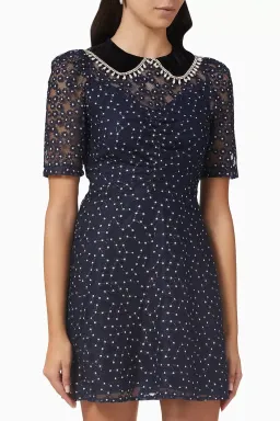 Sandro Lucianita Embellished Lace Mini Dress Midnight Blue Size 8 for rent on The Volte - image 2