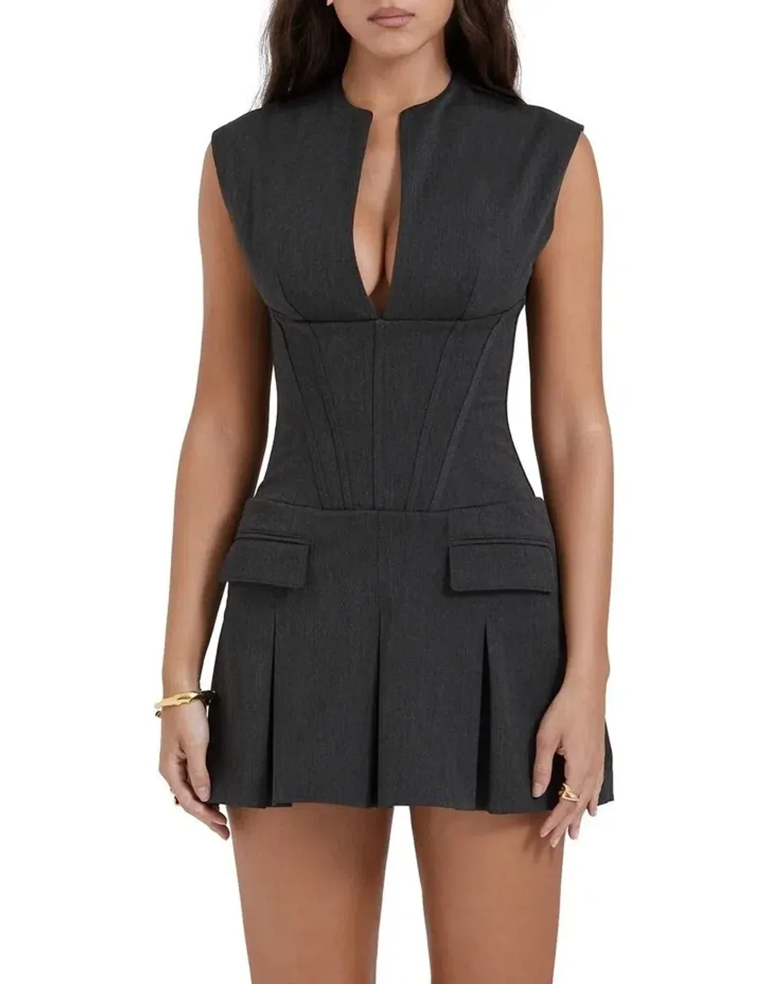 House of CB Eleanor Pleated Corset Mini Dress in Charcoal Size XS / AUS 6 for rent on The Volte - main image