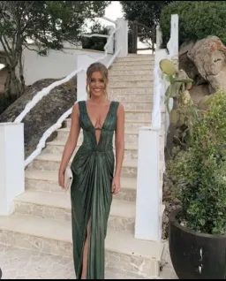 Roberto Cavalli Low V Neck Dress Green Metallic Size 8 for rent on The Volte - image 4