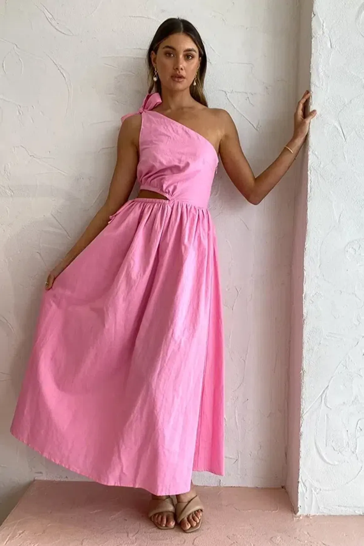 By Nicola Gabriella One Shoulder Midi Dress In Pink Grapefruit Size 12 - Image 6