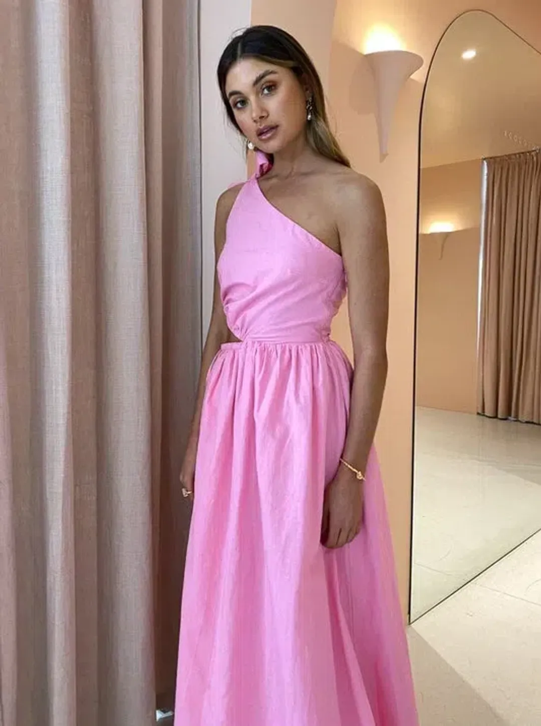 By Nicola Gabriella One Shoulder Midi Dress In Pink Grapefruit Size 12 for rent on The Volte - main image