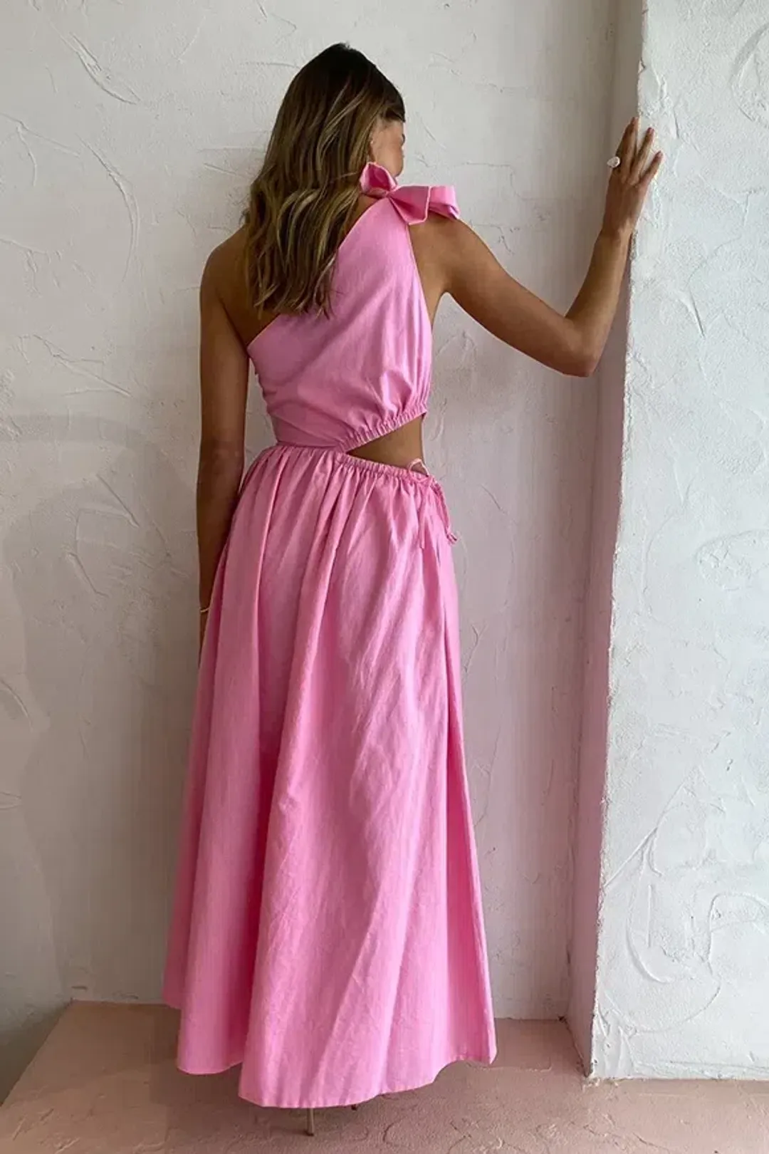 By Nicola Gabriella One Shoulder Midi Dress In Pink Grapefruit Size 12 for rent on The Volte - main image