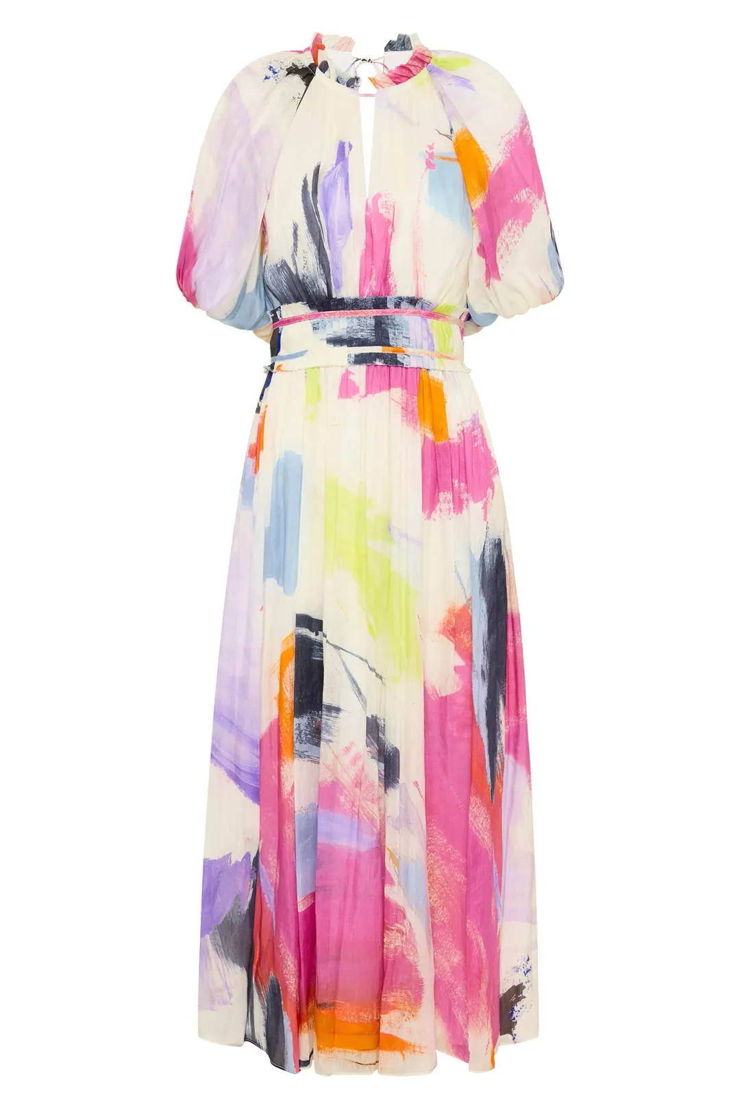 Aje Elysium Blouson Midi Dress Abstract Sunset Size 8 for rent on The Volte - main image