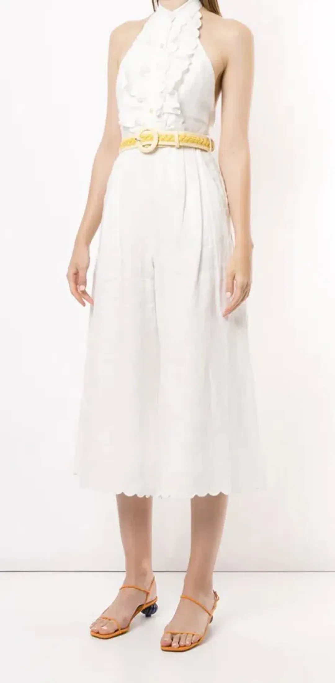 Zimmermann Amelie Frill Cropped Ruffled Linen Jumpsuit White Size 1 / AU 10 for rent on The Volte - main image