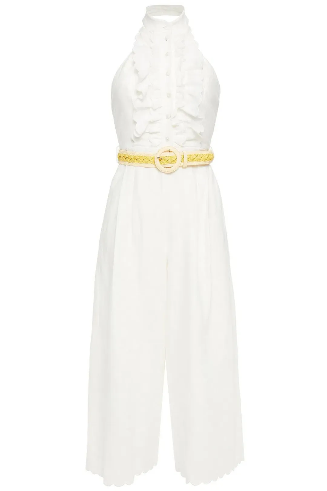 Zimmermann Amelie Frill Cropped Ruffled Linen Jumpsuit White Size 1 / AU 10 for rent on The Volte - main image