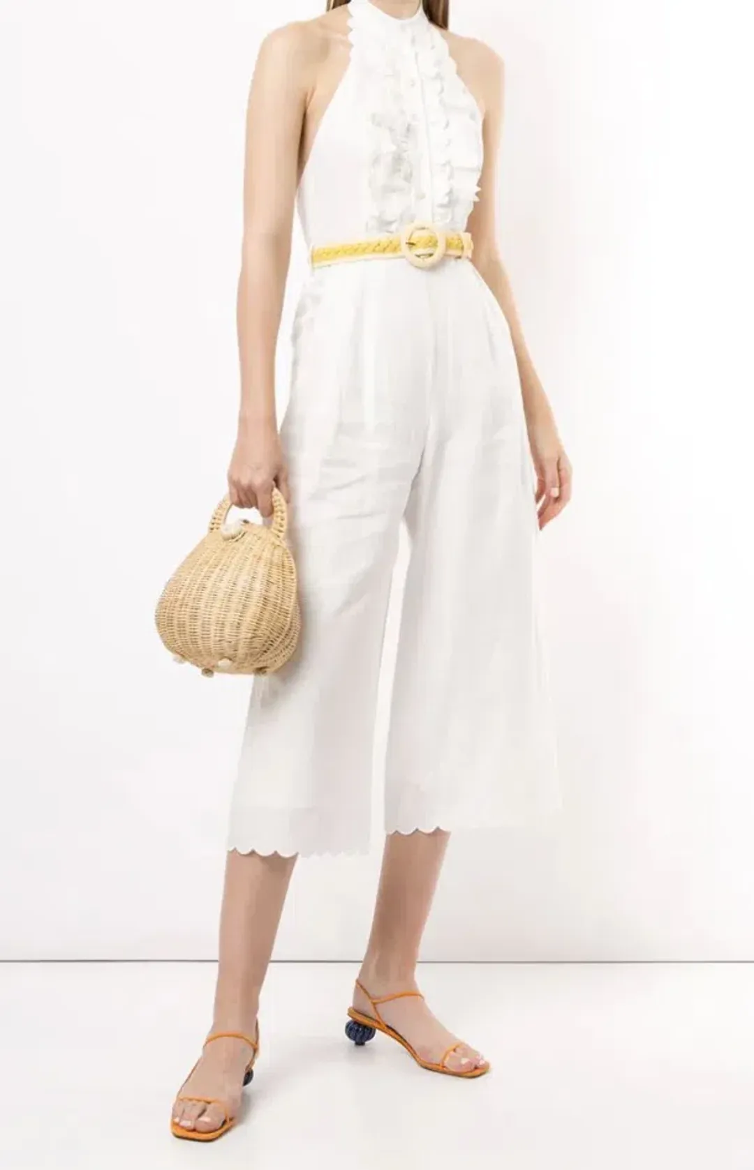 Zimmermann Amelie Frill Cropped Ruffled Linen Jumpsuit White Size 1 / AU 10 for rent on The Volte - main image