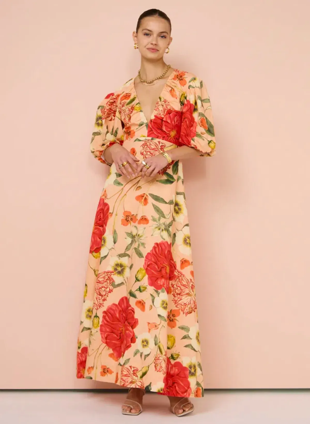 By Nicola Bolero Maxi Gathered Neckline Dress In Raspberry Punch Floral Size AU 8 for rent on The Volte - main image