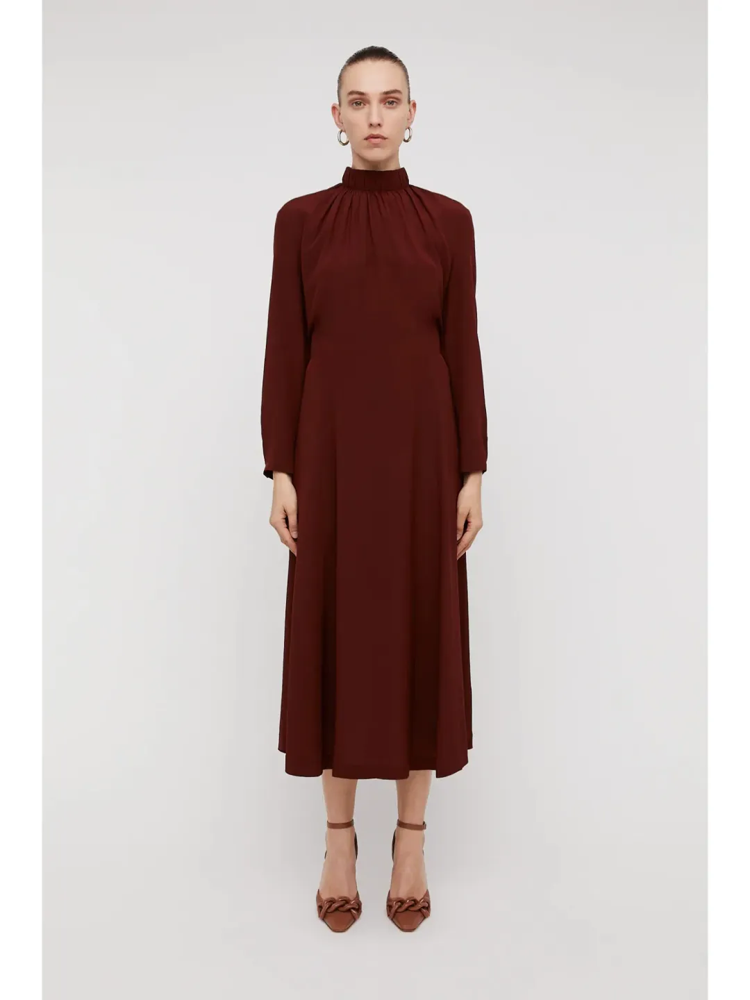 Scanlan Theodore Silk Gather Neck Dress in Burgundy Size AU 6 for rent on The Volte - main image