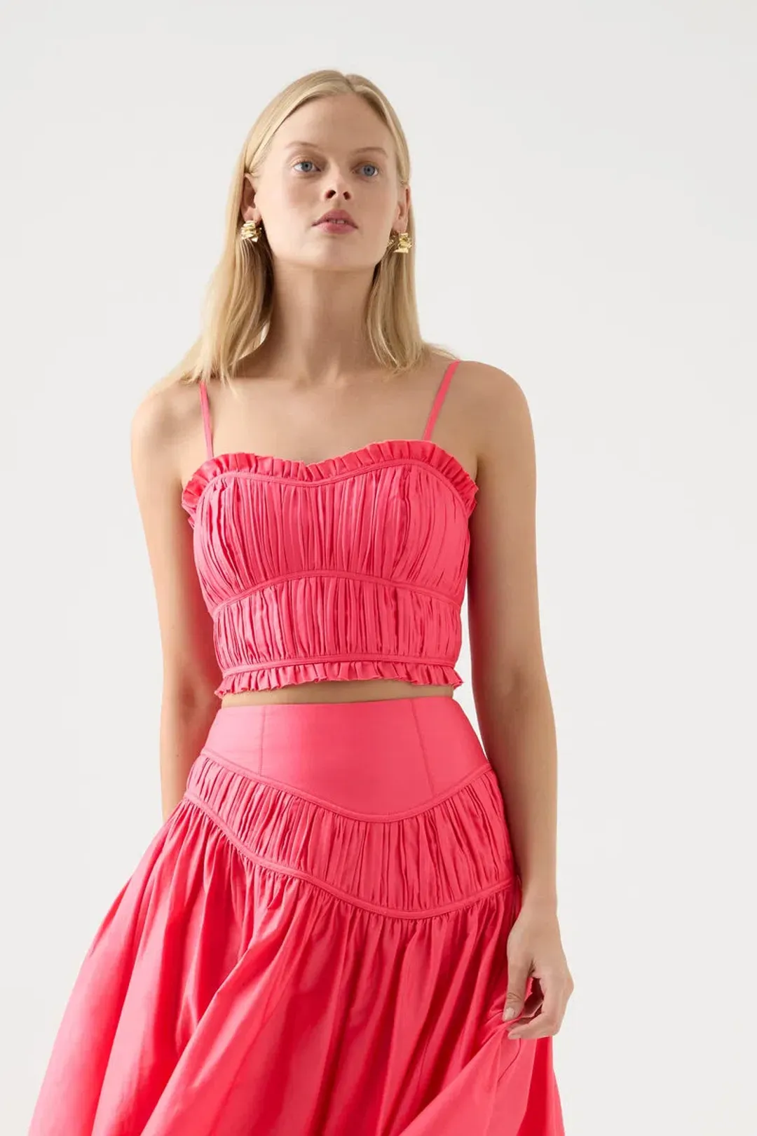 Aje Pepper Ruched Crop Bodice Size 14 & Calder Mini Skirt Size 12 Set Rouge Pink for rent on The Volte - main image