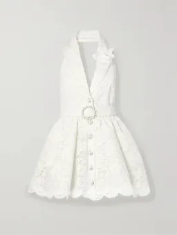 Zimmermann High Tide Belted Embellished Corded Lace Halterneck Mini Dress Ivory Size 0 / Size AU 8 for rent on The Volte - image 3