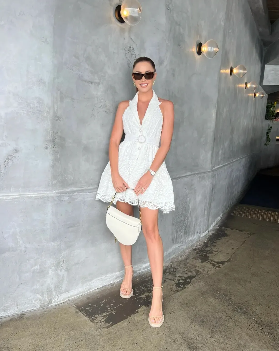 Zimmermann High Tide Belted Embellished Corded Lace Halterneck Mini Dress Ivory Size 0 / Size AU 8 for rent on The Volte - main image