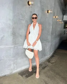 Zimmermann High Tide Belted Embellished Corded Lace Halterneck Mini Dress Ivory Size 0 / Size AU 8 for rent on The Volte - image 4