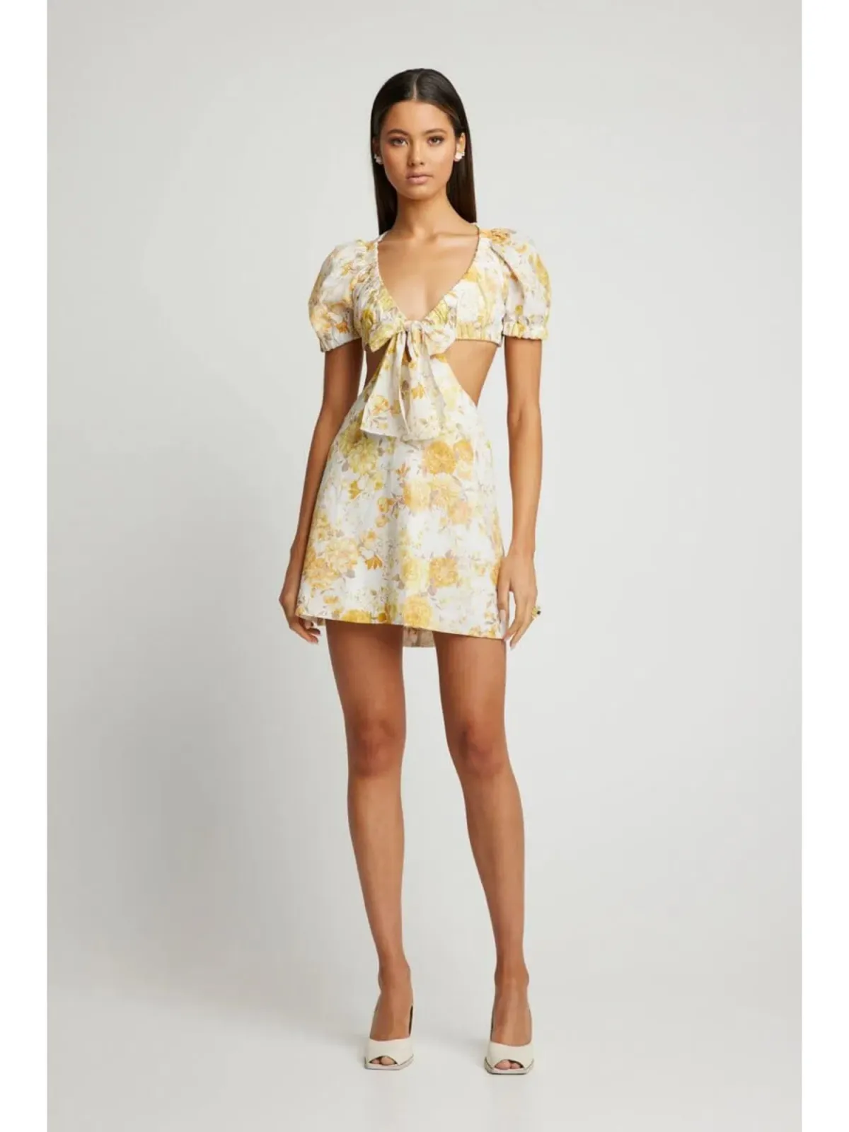 Sofia The Label Ami Tie Front Mini Dress Yellow Floral Size AU 8 - Image 1