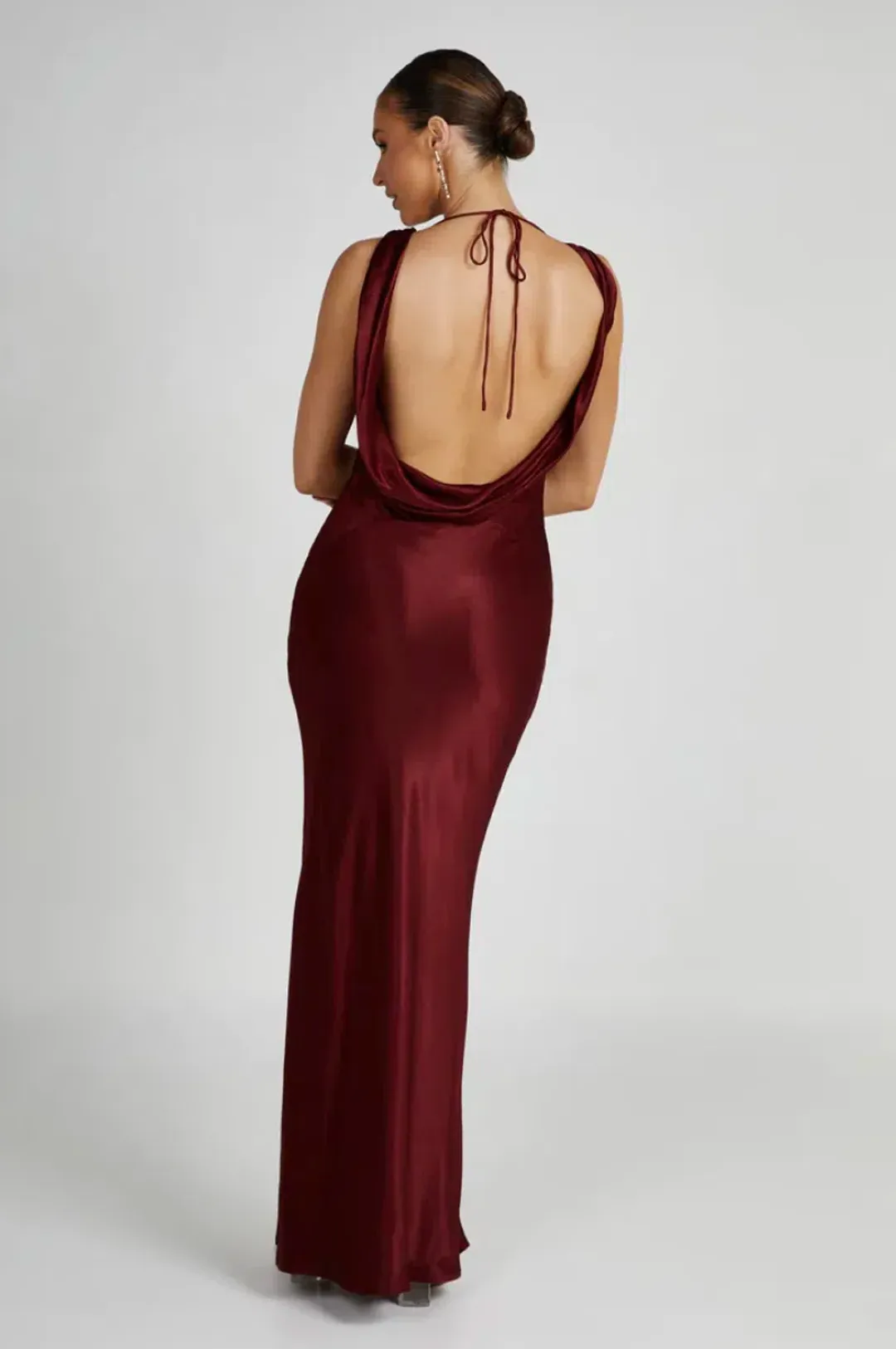 MESHKI Angelique Satin Cowl Back Maxi Dress Berry in Size S / AU 8 for rent on The Volte - main image