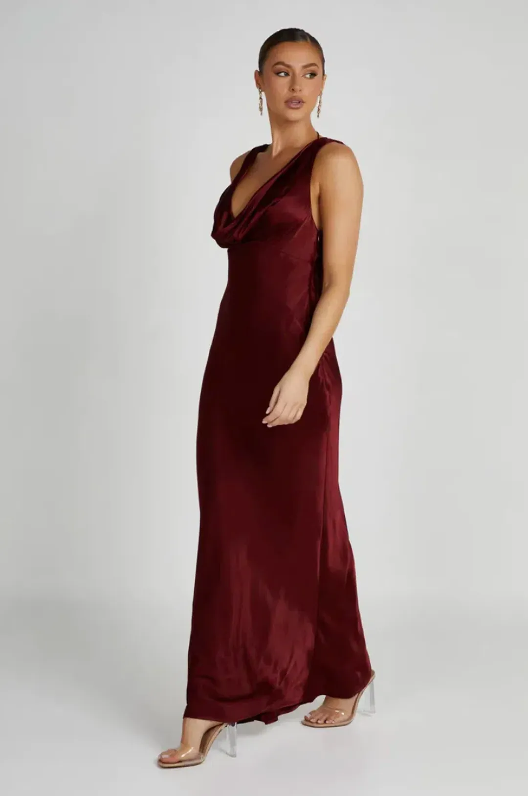 MESHKI Angelique Satin Cowl Back Maxi Dress Berry in Size S / AU 8 for rent on The Volte - main image