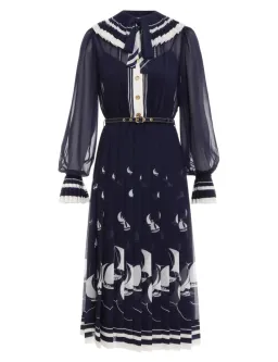 Zimmermann Pleated Tie Neck Midi Dress Moonlight Sailboats Size 0P / AU 6 for rent on The Volte - image 3
