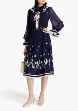 Zimmermann Pleated Tie Neck Midi Dress Moonlight Sailboats Size 0P / AU 6 for rent on The Volte - image 1