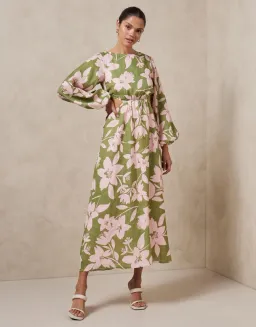 Aere Linen Billow Sleeve Maxi Dress Green Floral Size 6 for rent on The Volte - image 1