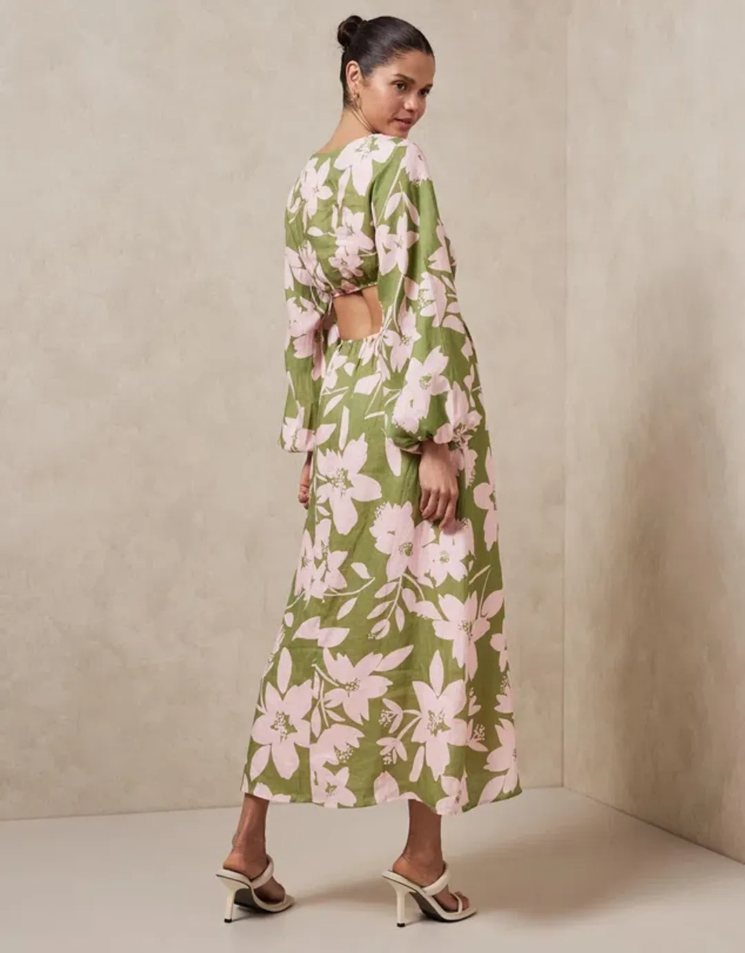 Aere Linen Billow Sleeve Maxi Dress Green Floral Size 6 for rent on The Volte - main image