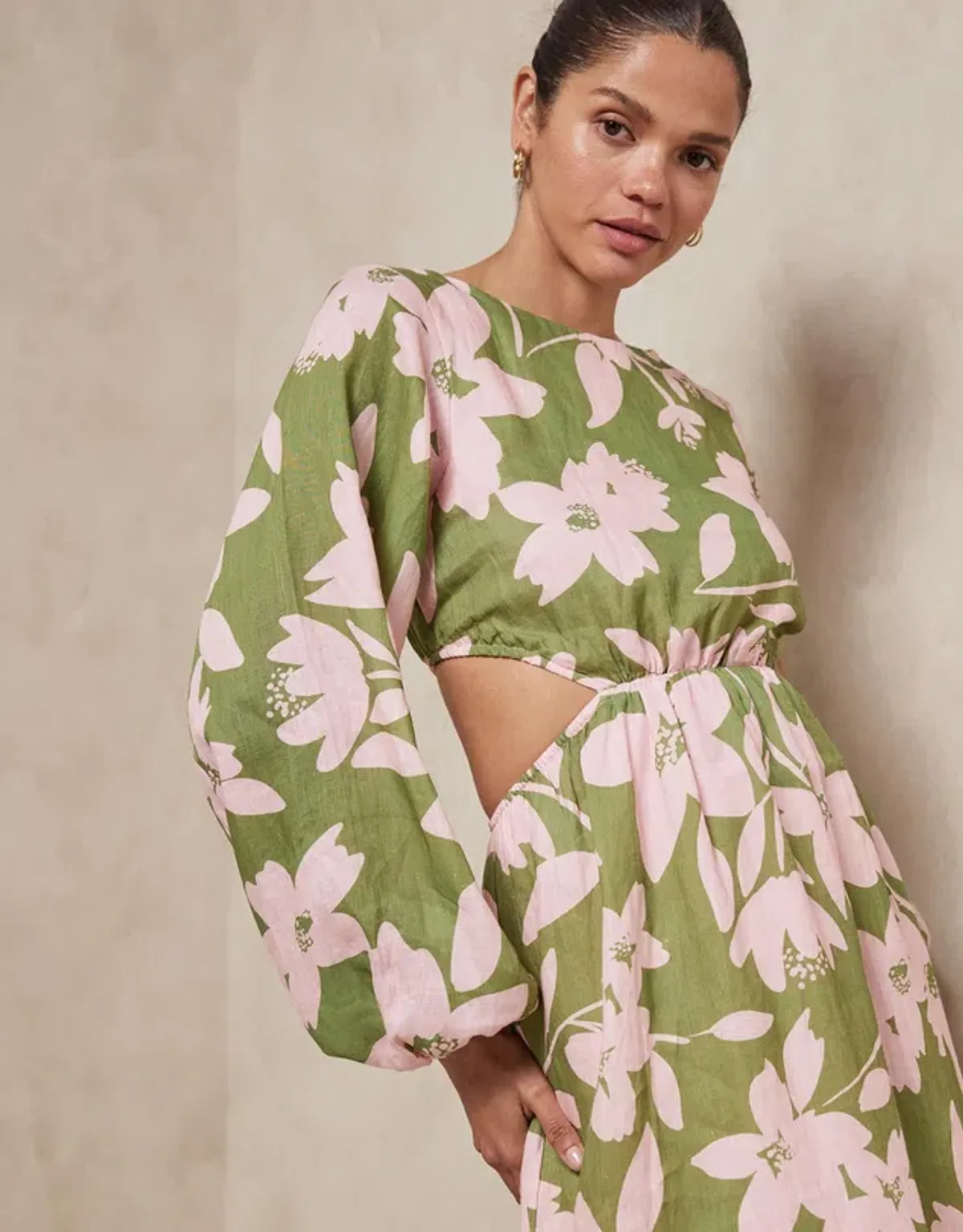 Aere Linen Billow Sleeve Maxi Dress Green Floral Size 6 - Image 2