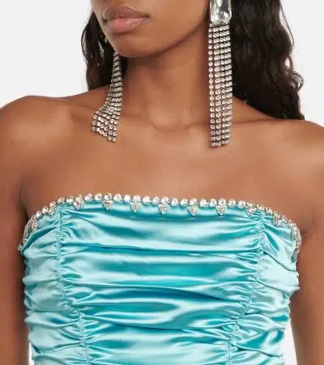 Area Crystal Embellished Ruched Mini Dress Aqua Size 6 for rent on The Volte - main image