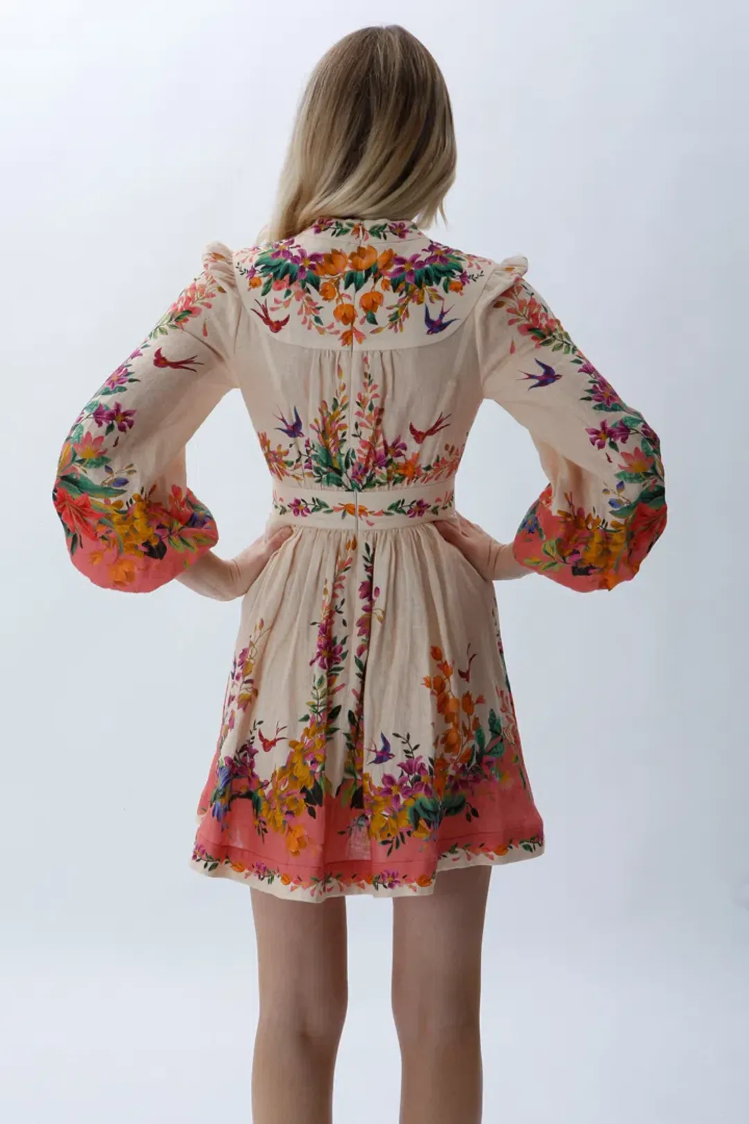 Zimmermann Tropicana Plunge Mini Dress in Cream Floral Size 0 / 8 AU for rent on The Volte - main image