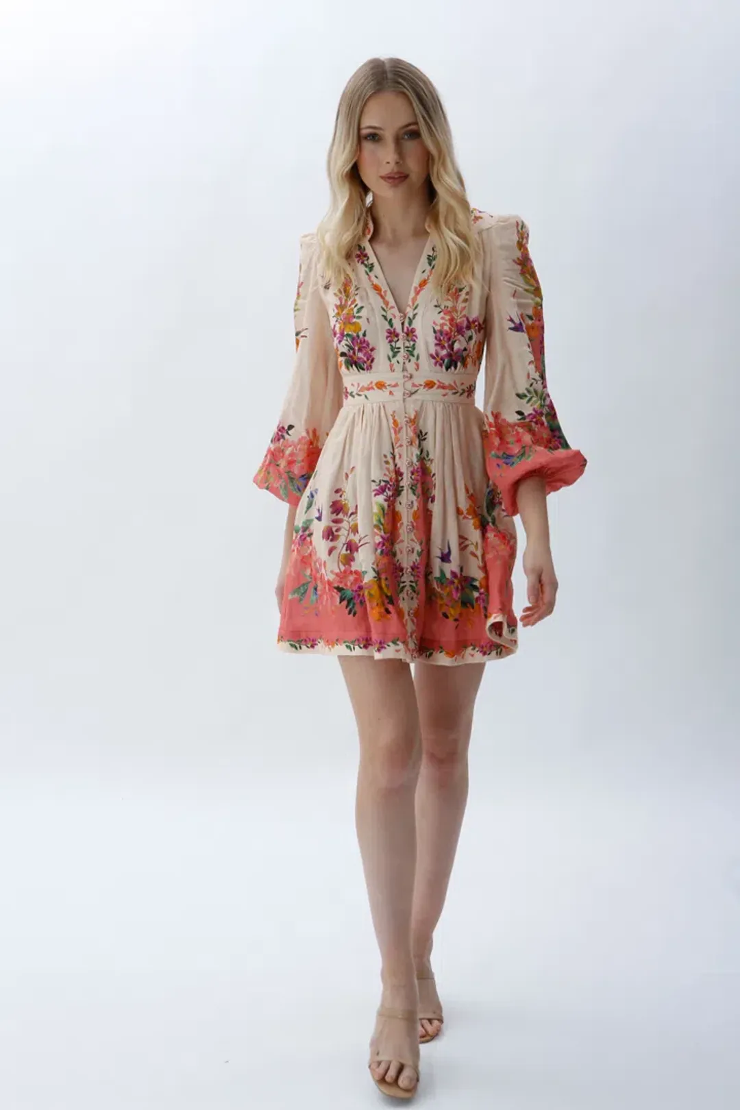 Zimmermann Tropicana Plunge Mini Dress in Cream Floral Size 0 / 8 AU for rent on The Volte - main image