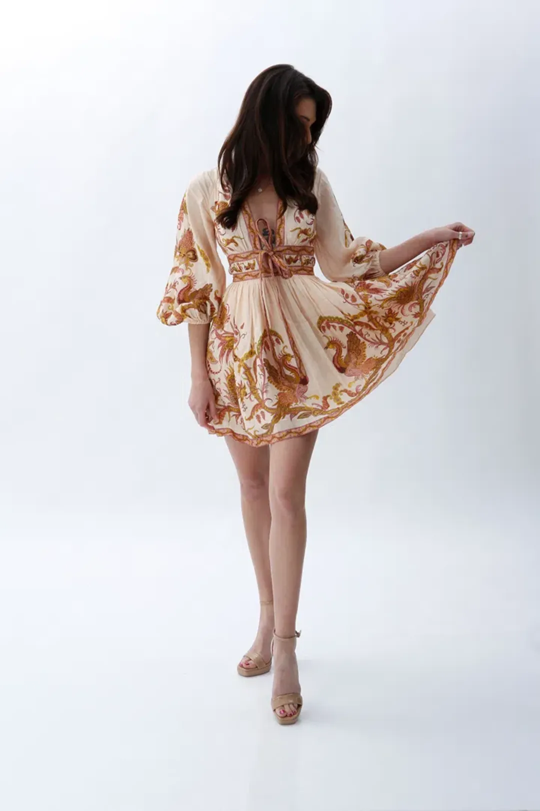 Zimmermann Cassia Plunge Bow Mini Dress Cream Bird Floral Size 0 / AU 8 for rent on The Volte - main image
