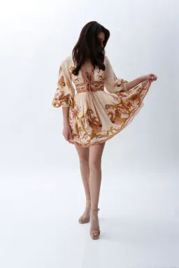Zimmermann Cassia Plunge Bow Mini Dress Cream Bird Floral Size 0 / AU 8 for rent on The Volte - image 4