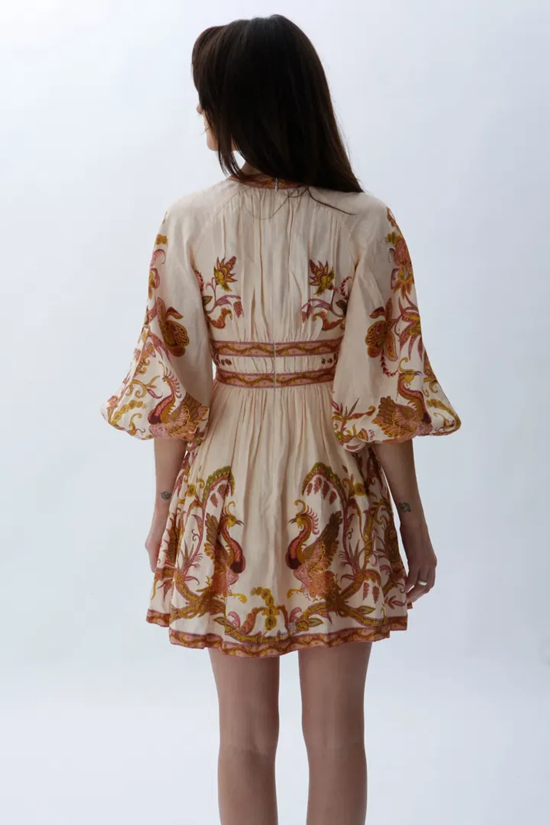 Zimmermann Cassia Plunge Bow Mini Dress Cream Bird Floral Size 0 / AU 8 for rent on The Volte - main image