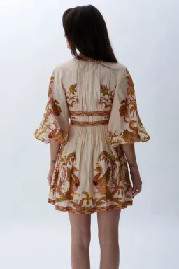 Zimmermann Cassia Plunge Bow Mini Dress Cream Bird Floral Size 0 / AU 8 for rent on The Volte - image 3