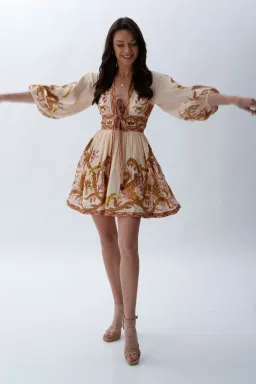 Zimmermann Cassia Plunge Bow Mini Dress Cream Bird Floral Size 0 / AU 8 for rent on The Volte - image 7