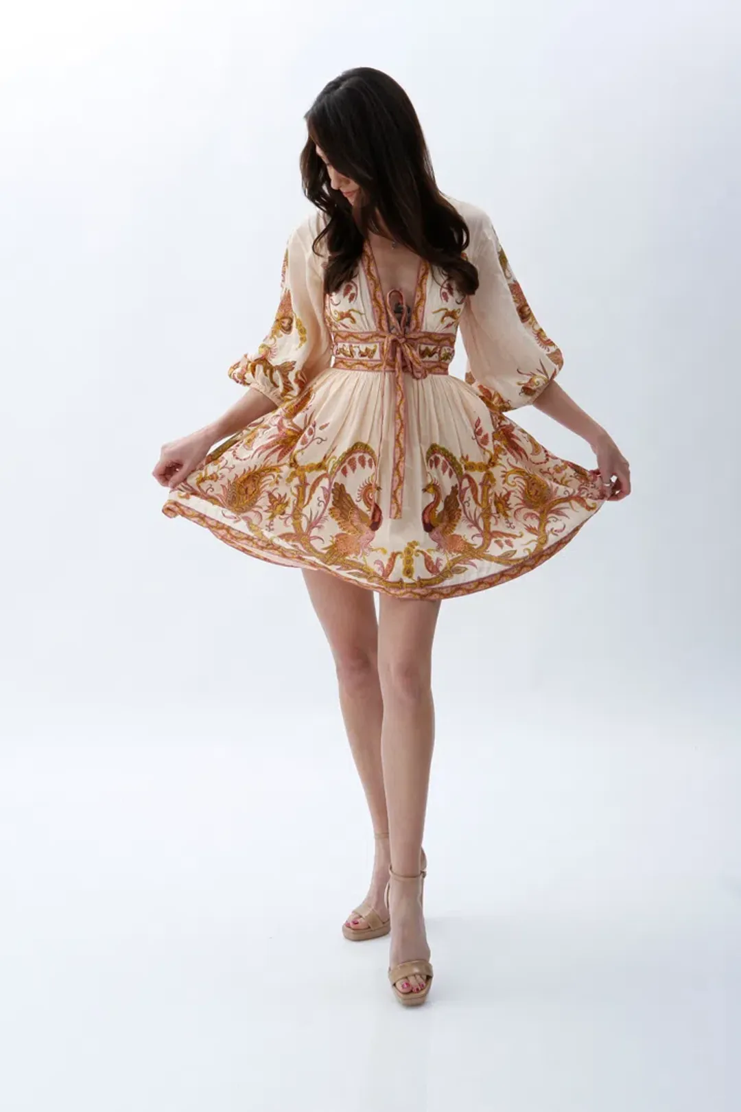 Zimmermann Cassia Plunge Bow Mini Dress Cream Bird Floral Size 0 / AU 8 for rent on The Volte - main image
