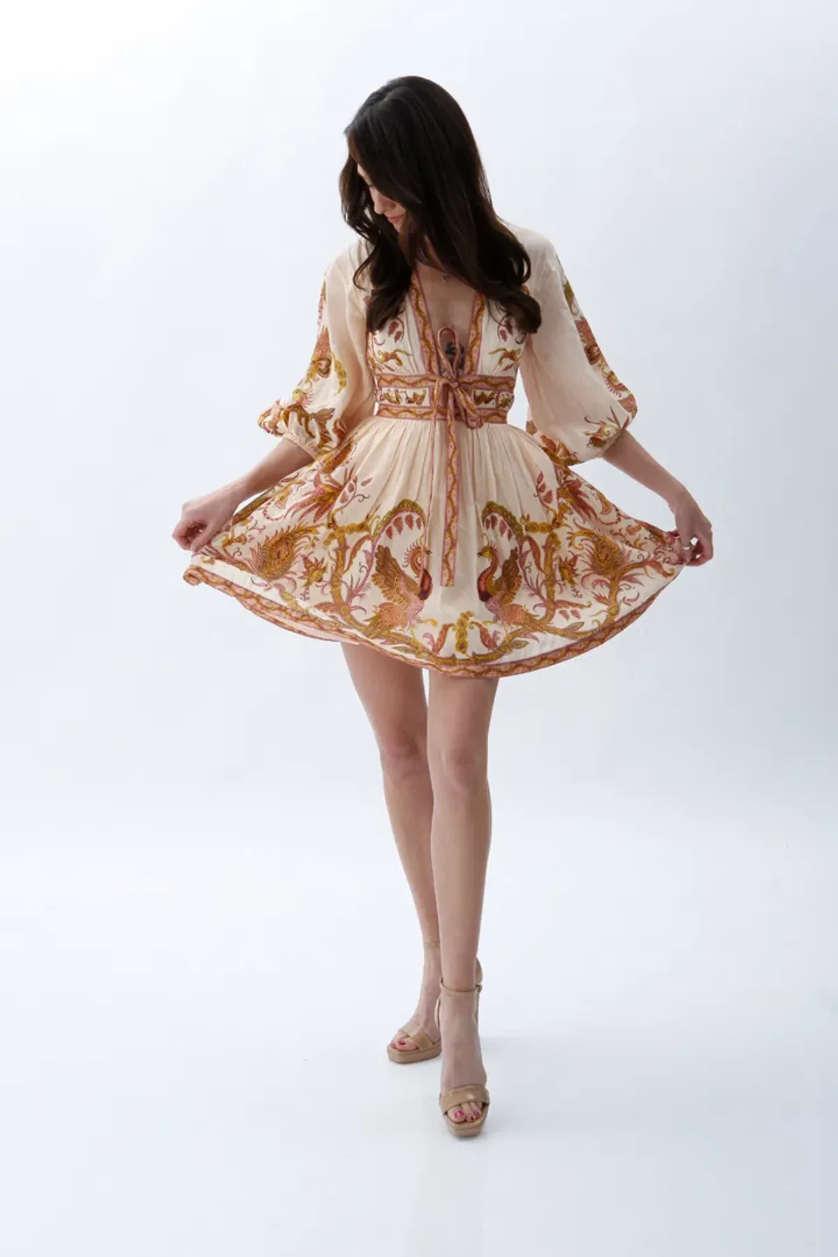 Zimmermann Cassia Plunge Bow Mini Dress Cream Bird Floral Size 0 / AU 8 for rent on The Volte - main image