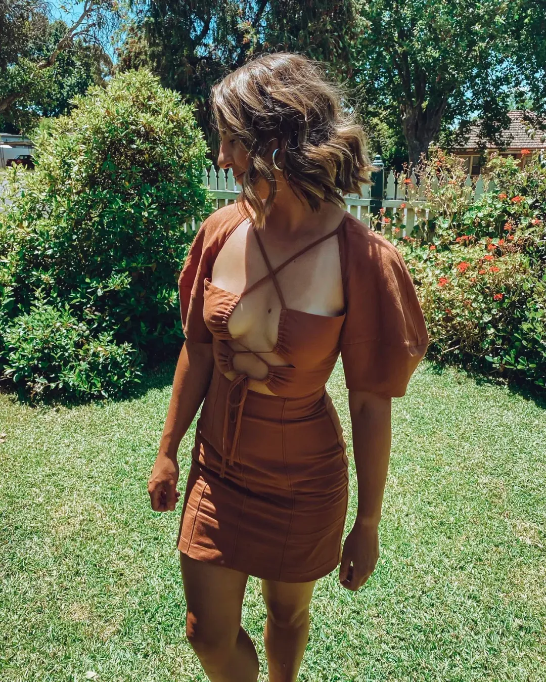 Shona Joy Jules Lace Front Lantern Sleeve Mini Dress Brown Size 8 for rent on The Volte - main image