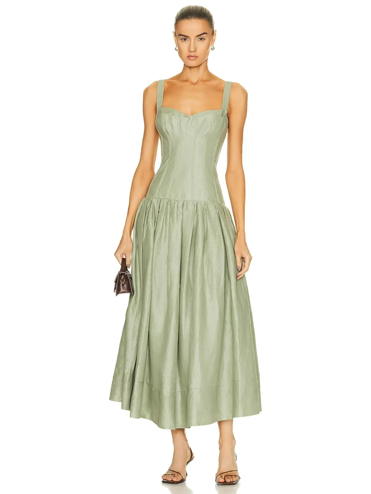 Nicholas Makenna Pleated Linen Midi Dress Green Size AU 10 - Image 1