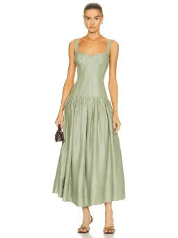 Nicholas Makenna Pleated Linen Midi Dress Green Size AU 10 for rent on The Volte - image 1