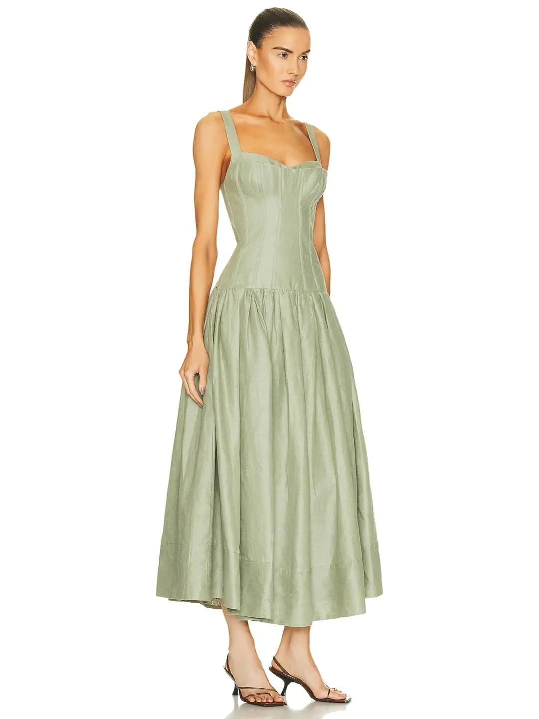 Nicholas Makenna Pleated Linen Midi Dress Green Size AU 10 for rent on The Volte - main image