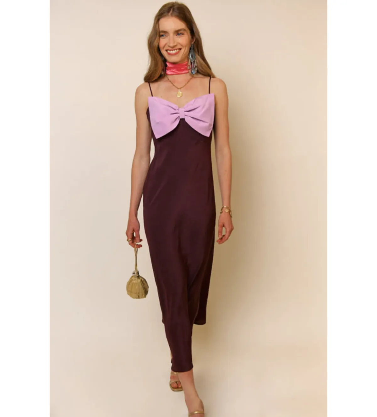 Rixo Leanna Bow Silk Dress Chocolate/Lilac Size 10 for rent on The Volte - main image