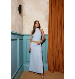 With Harper Lu Textured Halter Top & Textured Maxi Skirt Set in Baby Blue Size Medium / AU 10 for rent on The Volte - image 1