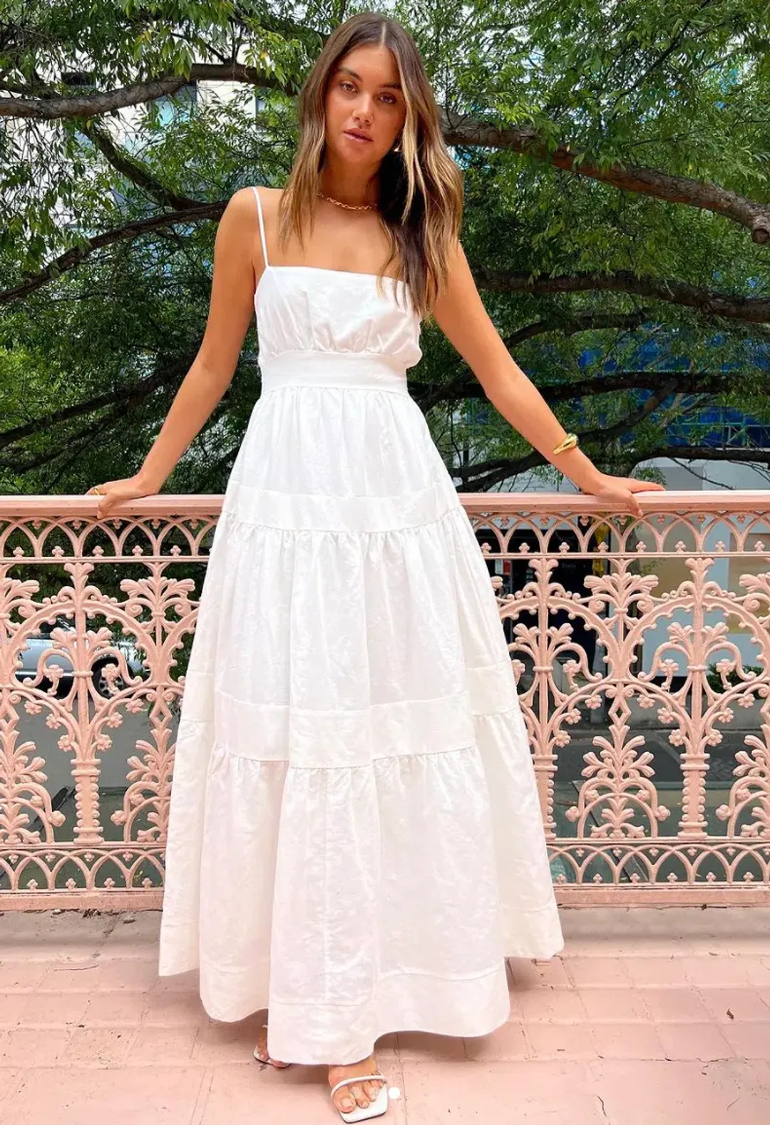 By Nicola Monet Tiered Maxi Dress In White Size 10 for rent on The Volte - main image
