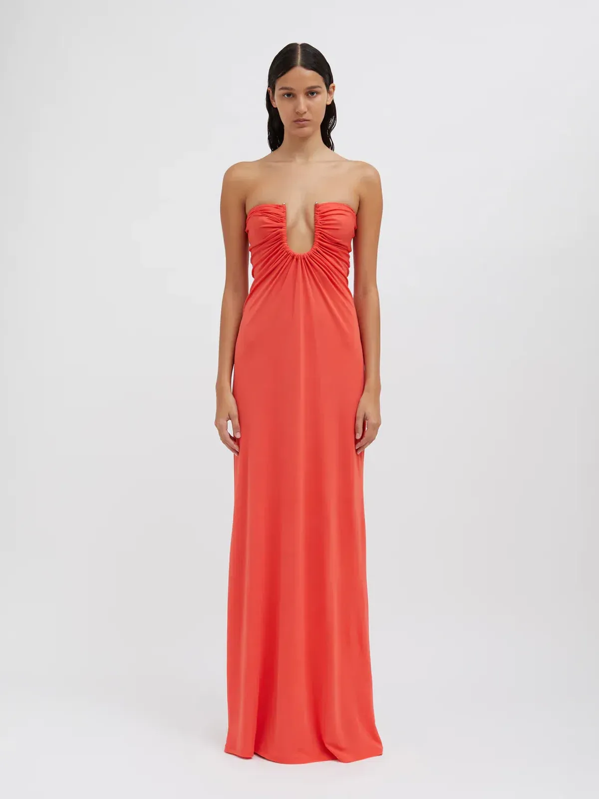 Christopher Esber Arced Palm Strapless Dress in Grapefruit Size 10 for rent on The Volte - main image