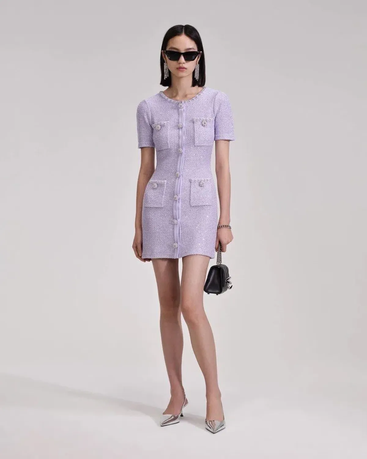 Self Portrait Sequined Knit Mini Dress With Crystals Lilac Size 8 - Image 1