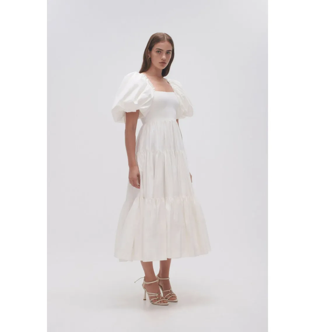 Aje Casa Puff Sleeve Midi Dress in Ivory Size AU 14 for rent on The Volte - main image