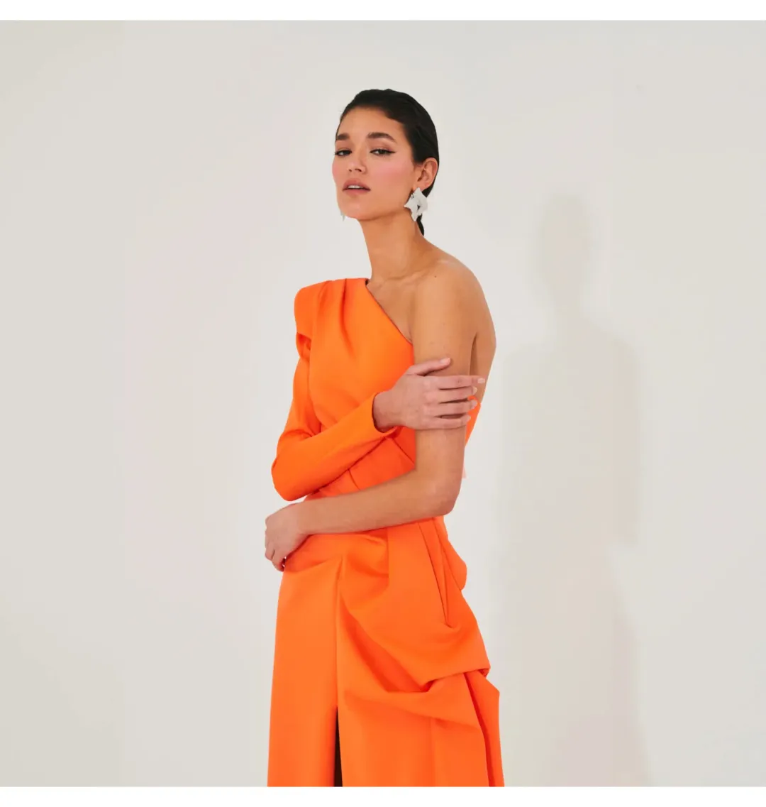Meraki Official Izar One Shoulder Gown Neon Orange Size AU 6 for rent on The Volte - main image