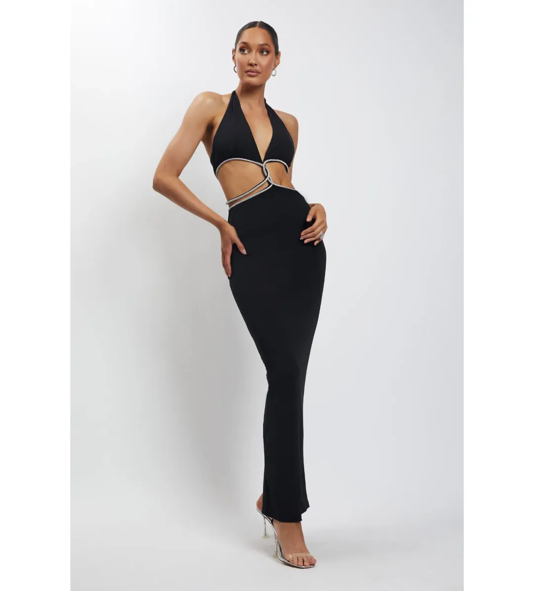 MESHKI Nicha Diamante Cut Out Maxi Dress Black Size 8 for rent on The Volte - main image